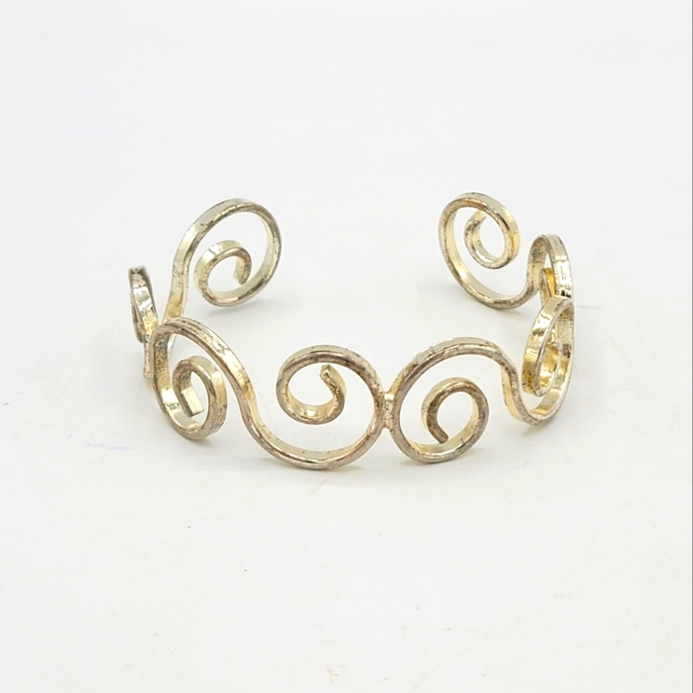 Best Silver tone Scroll Coil Curl Curlicue Whorl Spiral Cuff Bangle Bracelet Vtg - Picture 6 of 6